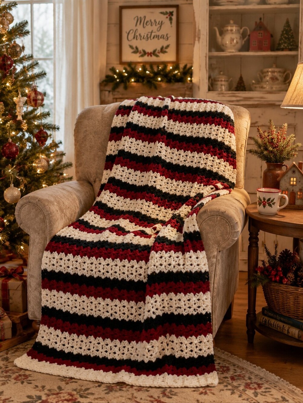 Hand Crafted Red , Dark Green and White Striped Crochet Throw Blanket